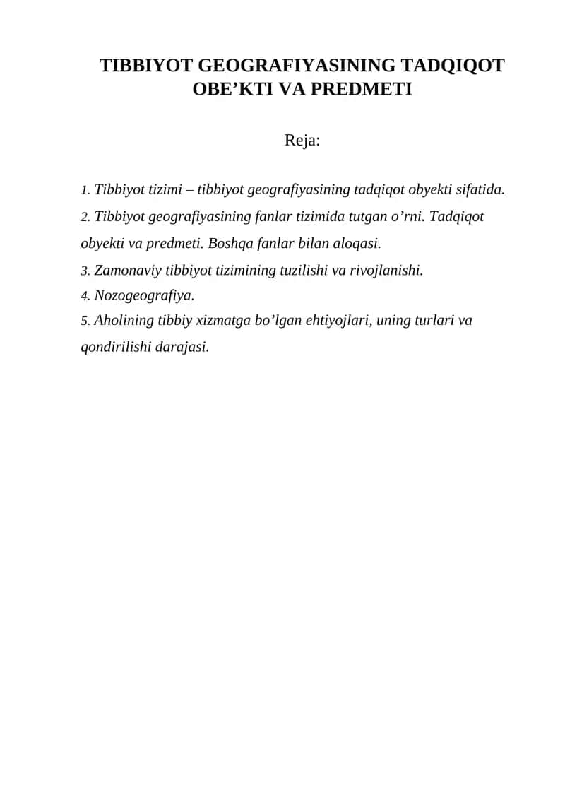 Tibbiyot Geografiyasi Tadqiqot Obyekti va Predmeti