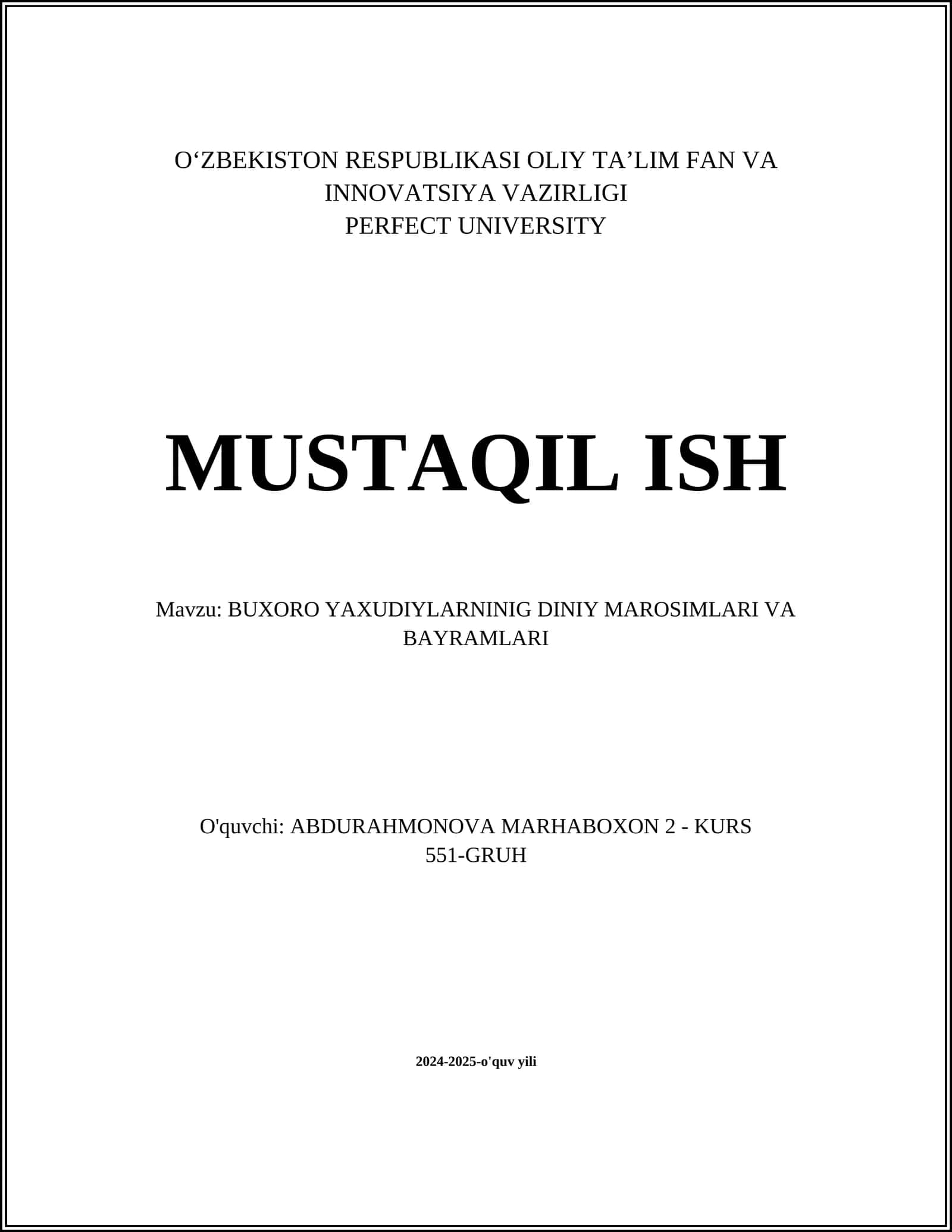 BUXORO YAXUDIYLARNINIG DINIY MAROSIMLARI VA BAYRAMLARI