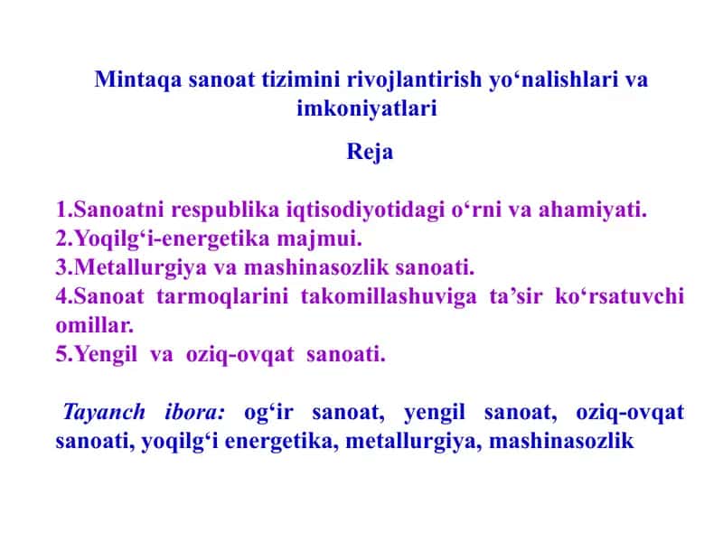 Mintaqasanoat tizimini rivojlantirish yo‘nalishlari va imkoniyatlari