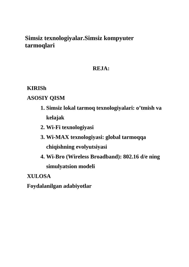 Simsiz texnologiyalar.Simsiz kompyuter tarmoqlari