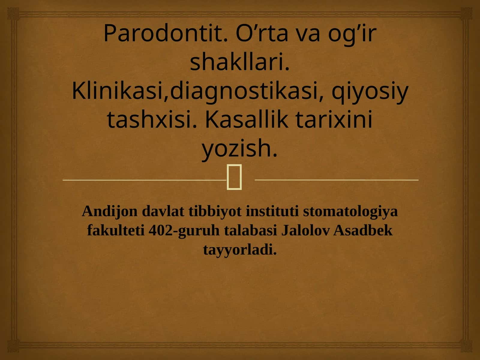 Parodontit. O’rta va og’ir shakllari. Klinikasi,diagnostikasi, qiyosiy tashxisi. Kasallik tarixini yozish.
