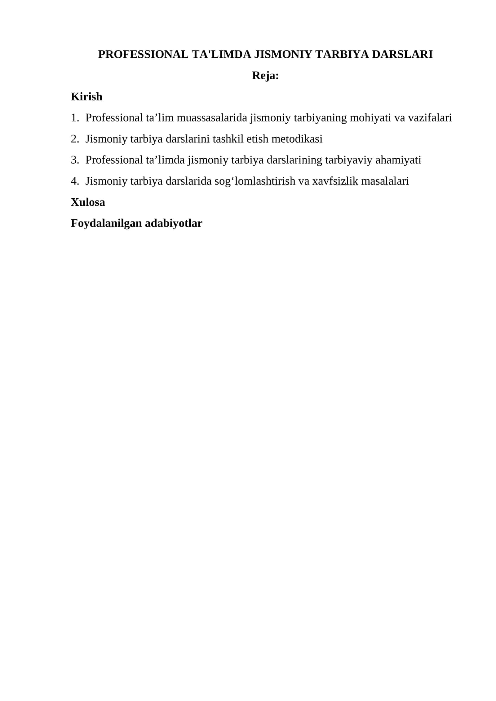 PROFESSIONAL TA'LIMDA JISMONIY TARBIYA DARSLARI