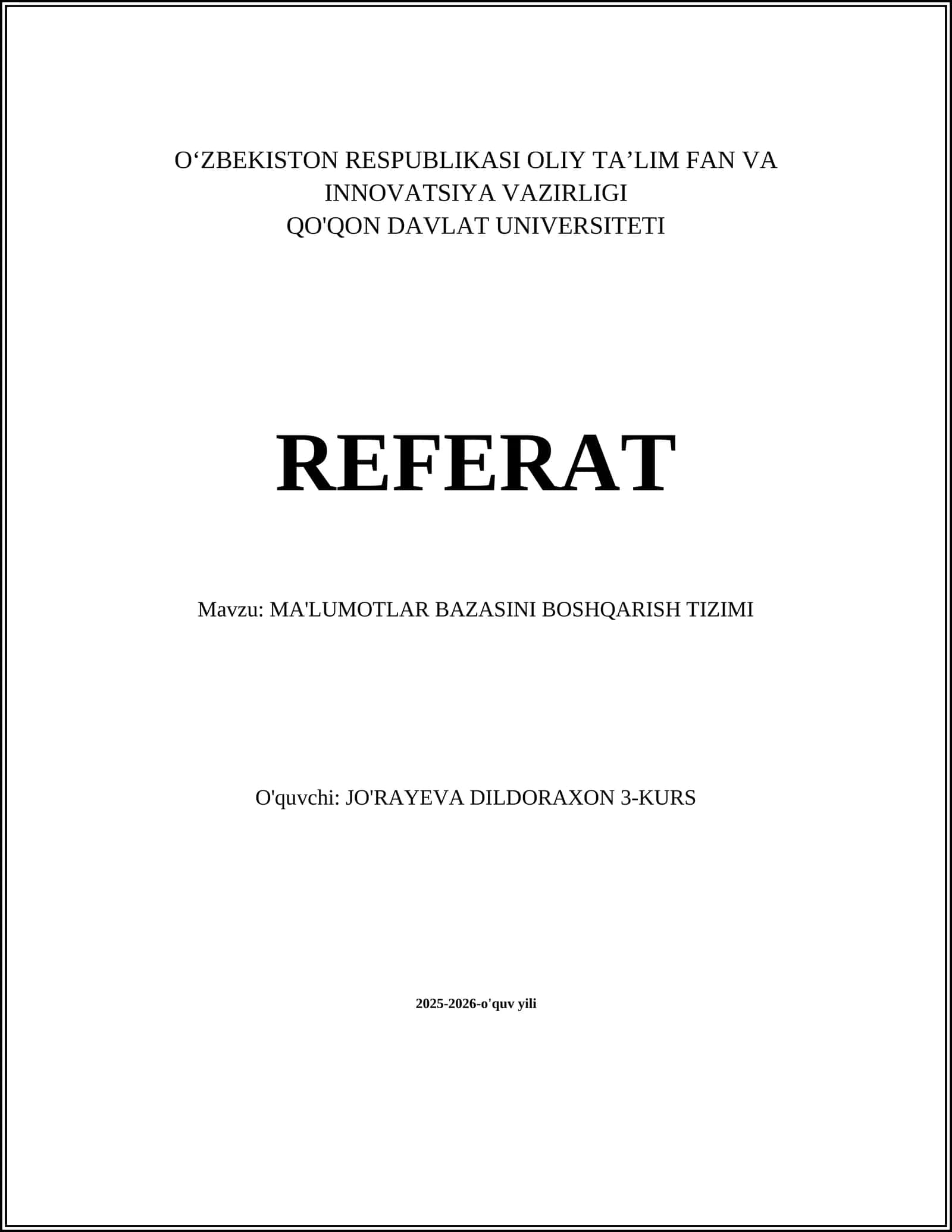 MA'LUMOTLAR BAZASINI BOSHQARISH TIZIMI