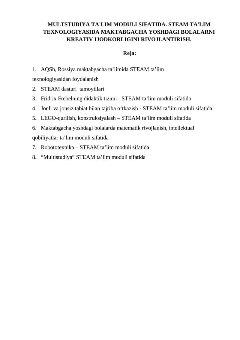 MULTSTUDIYA TA'LIM MODULI SIFATIDA