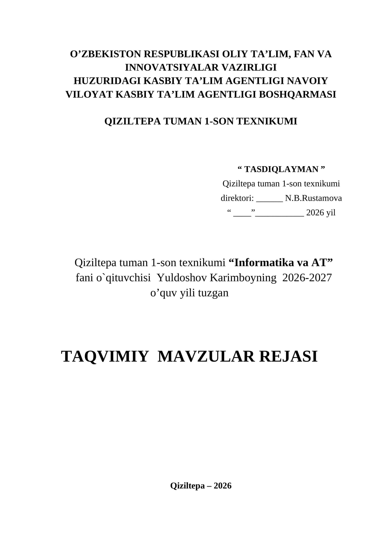 Informatika taqvim (Texnikumlar uchun)