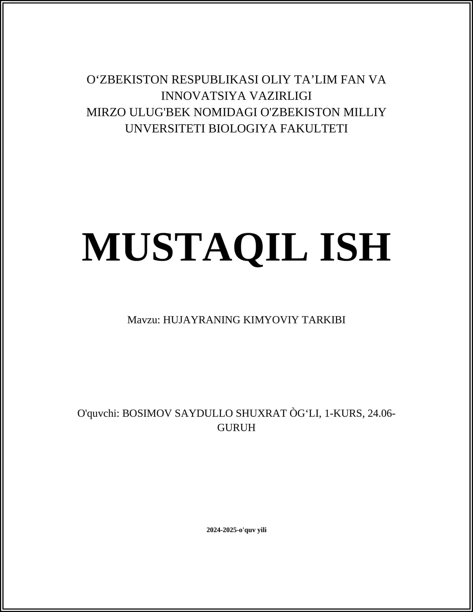 MUSTAQIL ISH Mavzu: HUJAYRANING KIMYOVIY TARKIBI