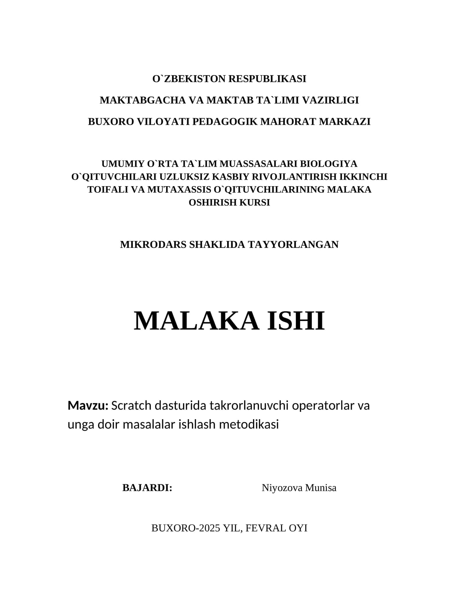 Scratch dasturida takrorlanuvchi operatorlar va unga doir masalalar ishlash metodikasi