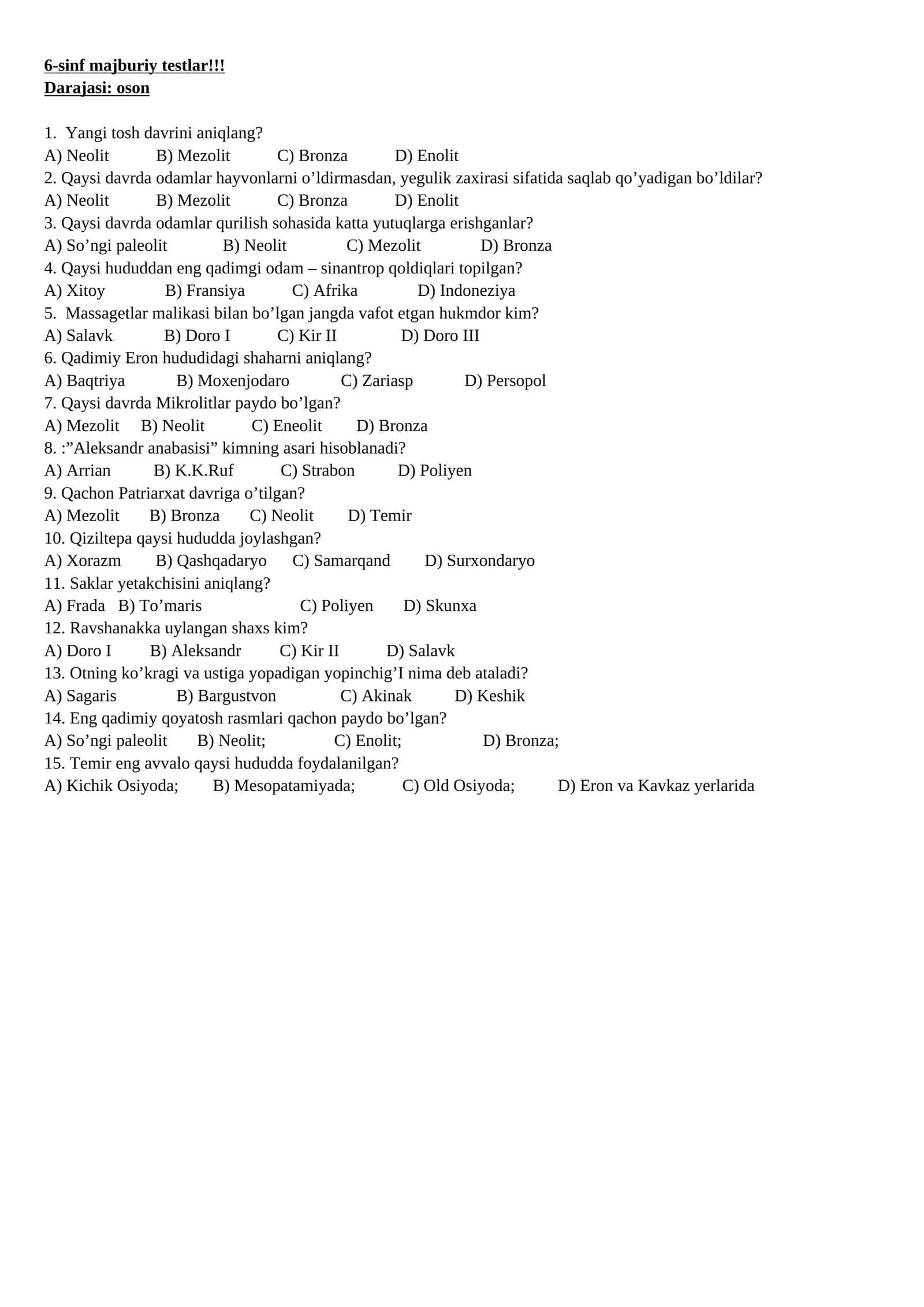 6-sinf majburiy testlar!!!