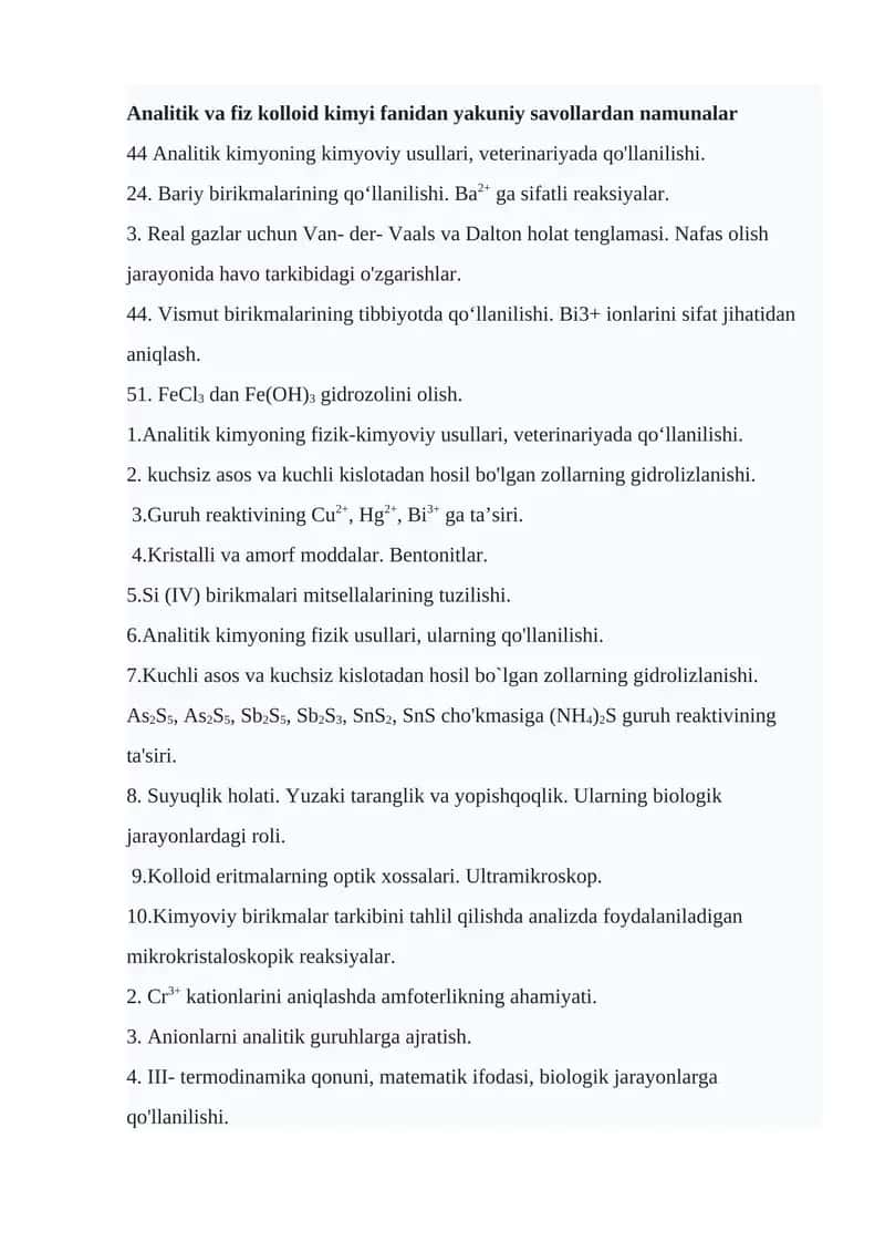 Analitik va fiz kolloid kimyi fanidan yakuniy savollardan namunalar