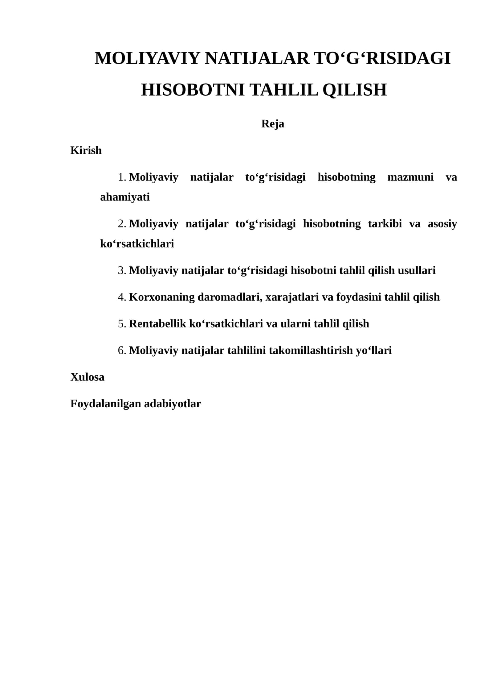 MOLIYAVIY NATIJALAR TO‘G‘RISIDAGI HISOBOTNI TAHLIL QILISH
