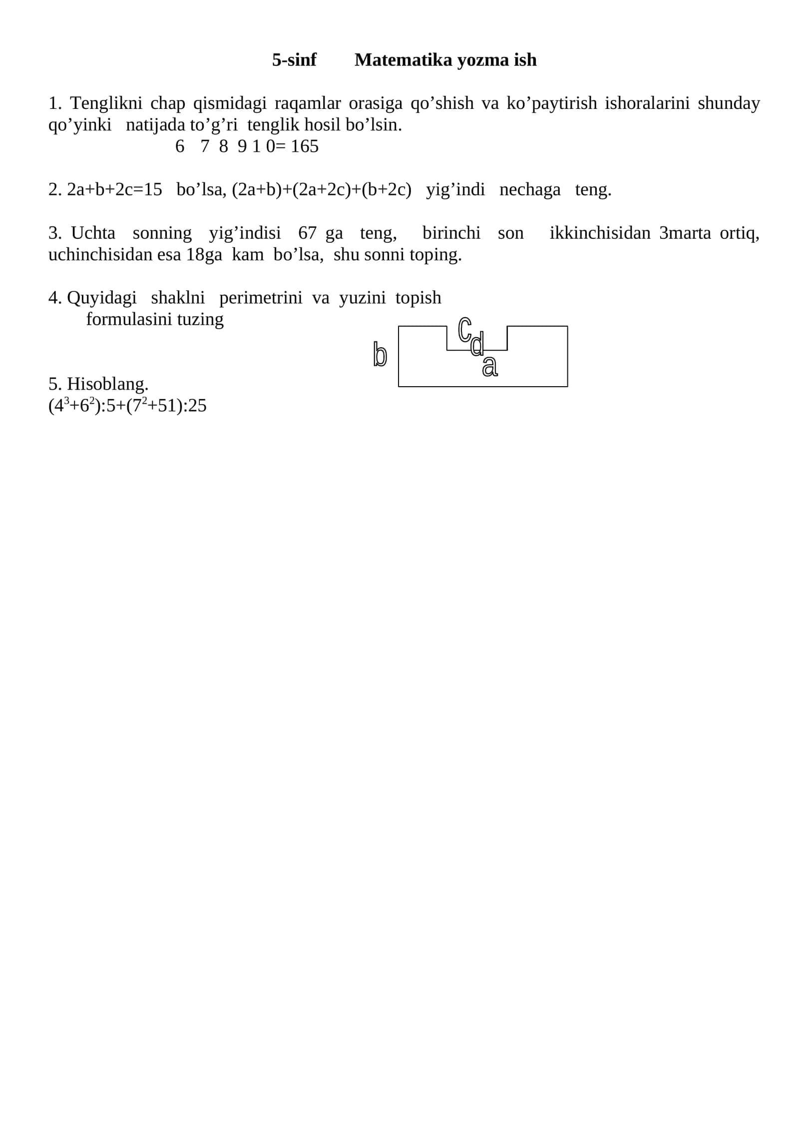 5-sinf Matematika yozma ish
