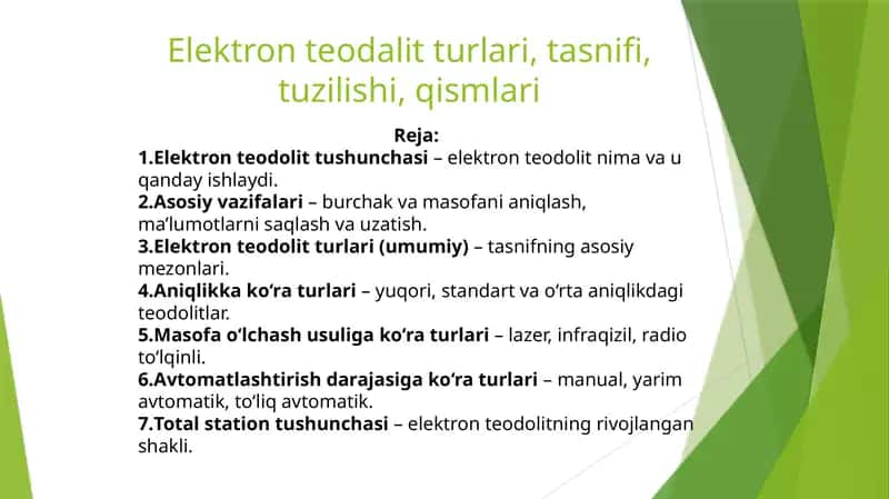Elektronteodolit turlari, tasnifi, tuzilishi, qismlari
