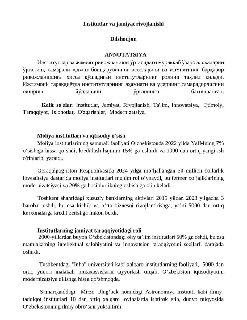 Moliya institutlari va iqtisodiy oʻsish