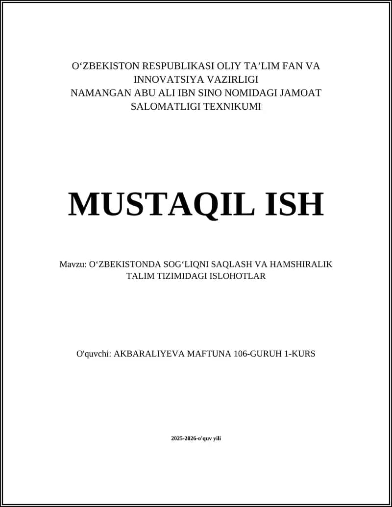 Oʻzbekistonda Sogʻliqni Saqlash va Hamshiralik Talimidagi Islohotlarning Tarixiy Rivoji