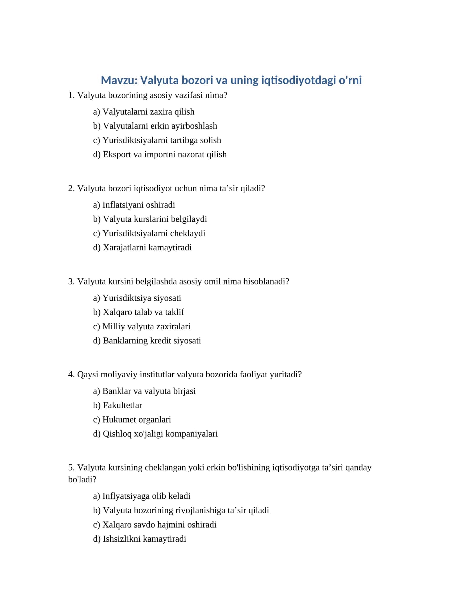 Valyuta bozori va uning iqtisodiyotdagi o'rni