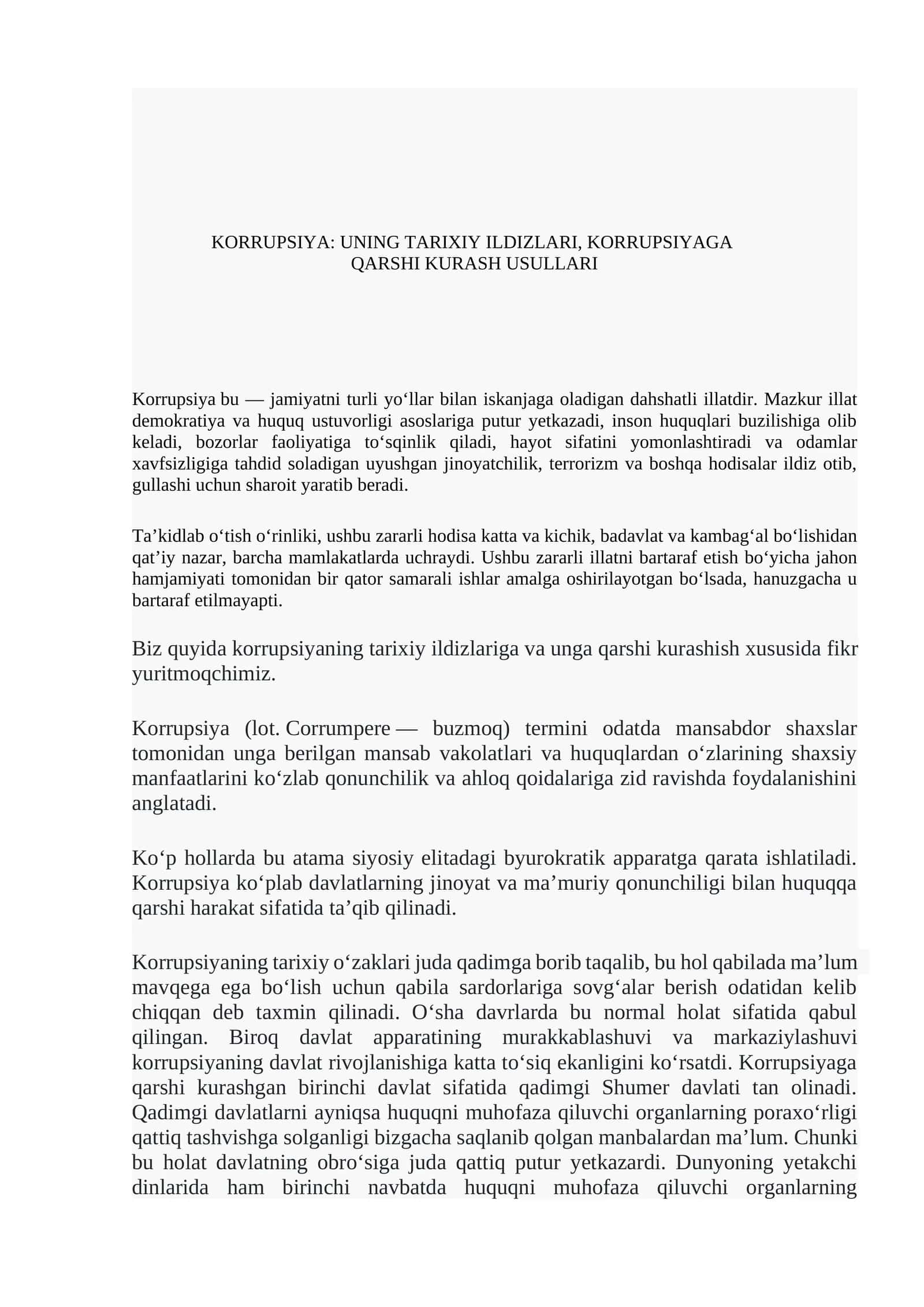KORRUPSIYA: UNING TARIXIY ILDIZLARI, KORRUPSIYAGA QARSHI KURASH USULLARI