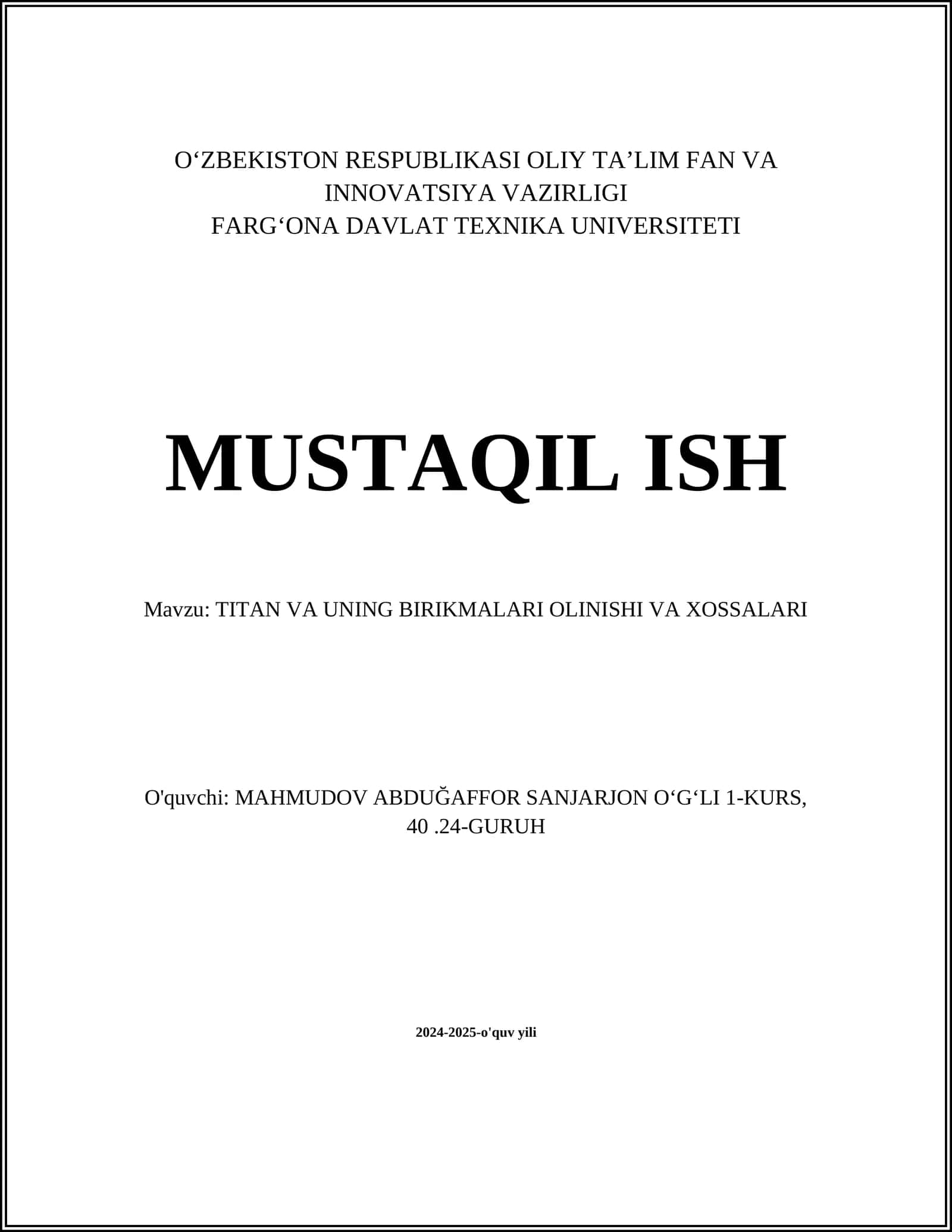 TITAN VA UNING BIRIKMALARI OLINISHI VA XOSSALARI