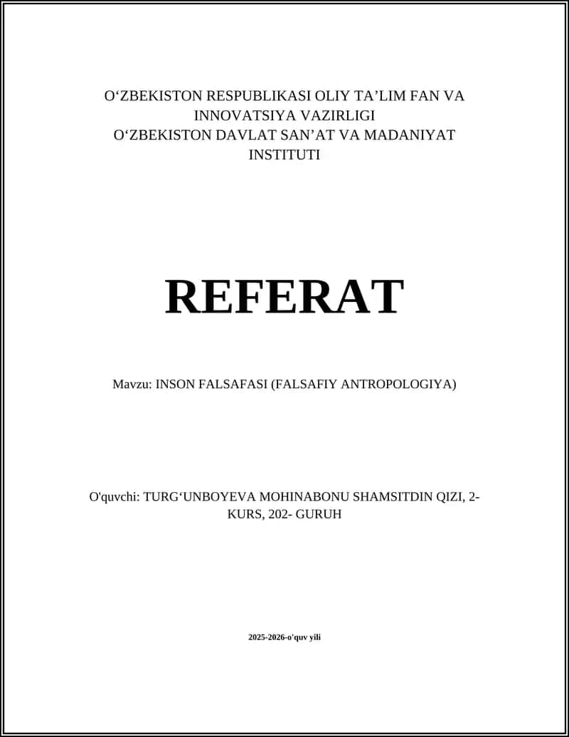 INSON FALSAFASI (FALSAFIY ANTROPOLOGIYA)