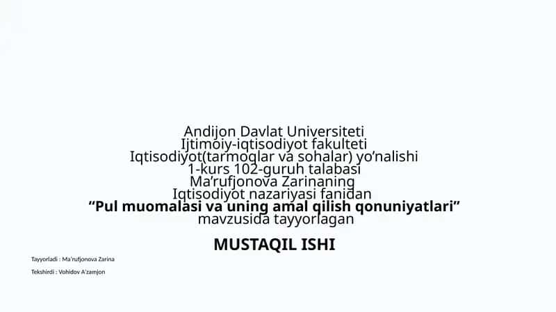 Pu lmuomalasi va uning amal qilish qonuniyatlari