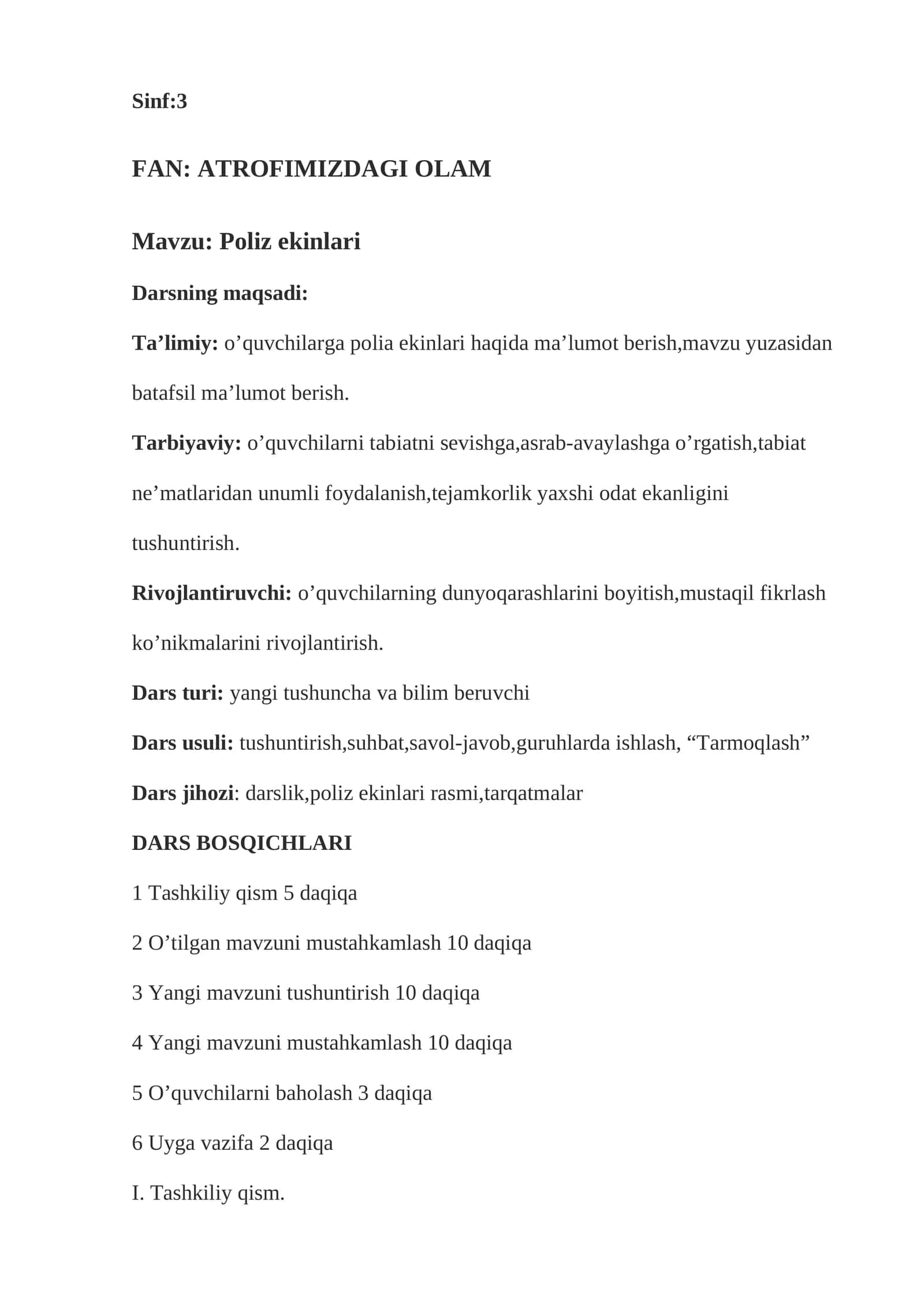 3-sinf Tabiiy Fan (Science) Poliz ekinlari dars ishlanma