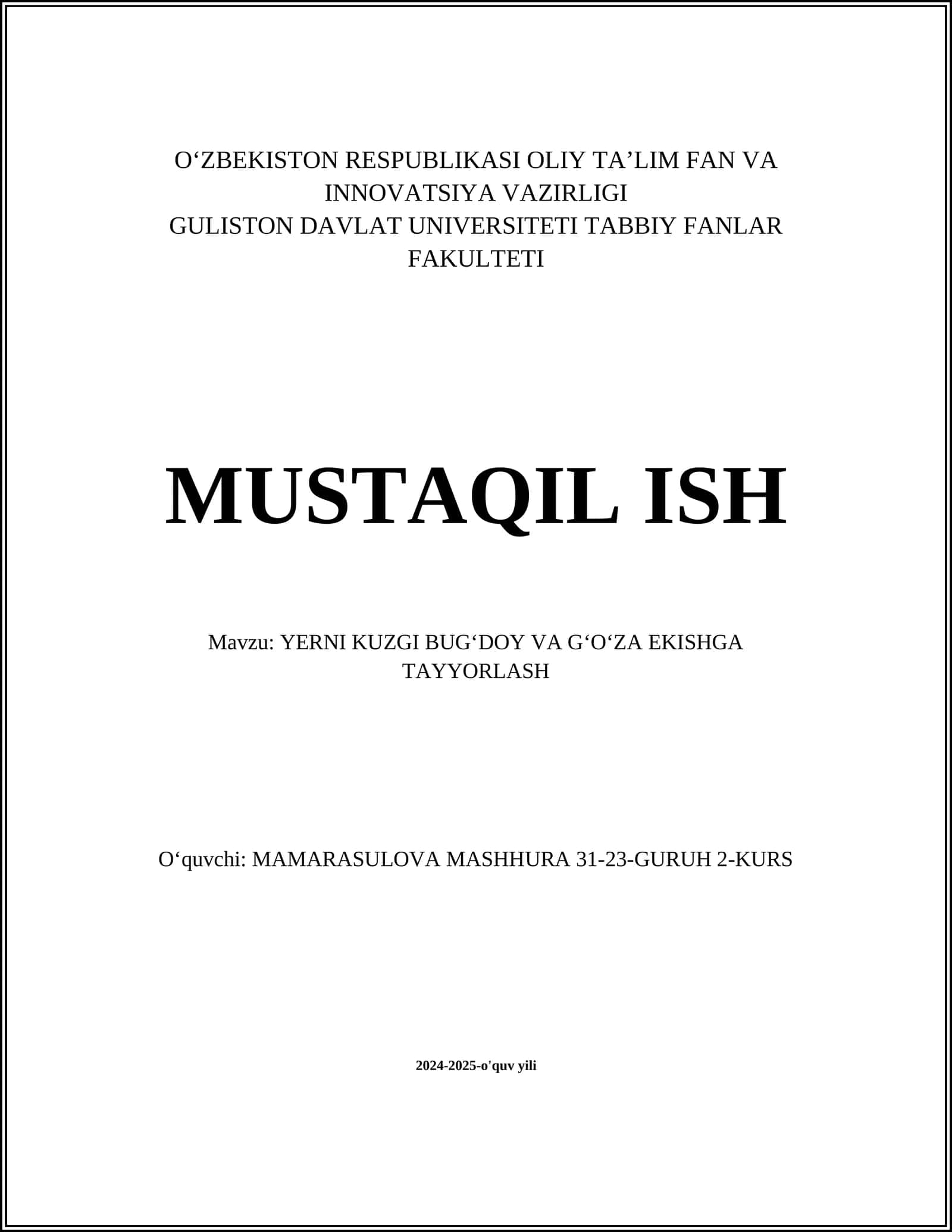 YERNI KUZGI BUGʻDOY VA GʻOʻZA EKISHGA TAYYORLASH