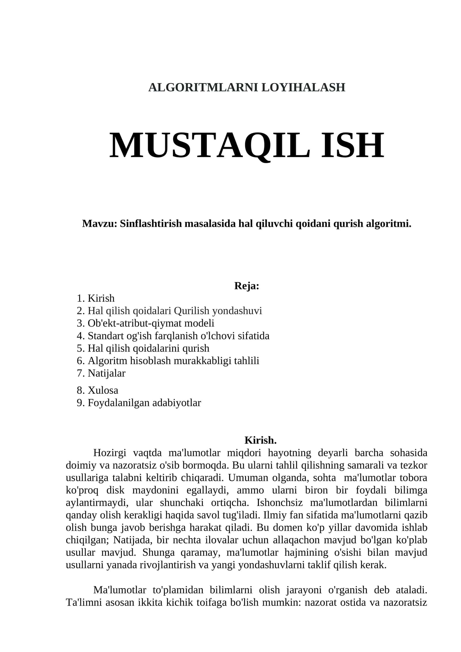 Sinflashtirish masalasida hal qiluvchi qoidani qurish algoritmi.