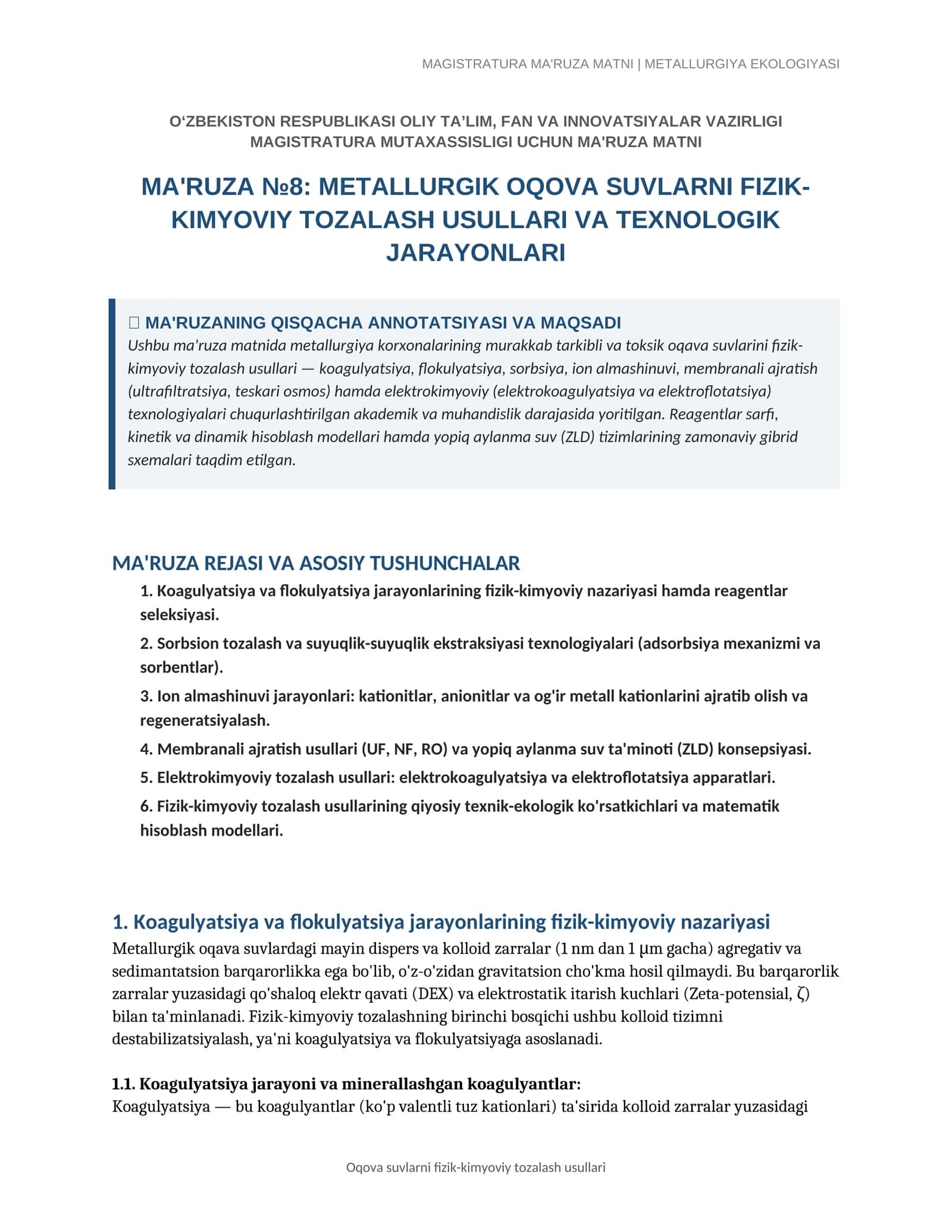 MAGISTRATURA MA'RUZA MATNI | METALLURGIYA EKOLOGIYASI