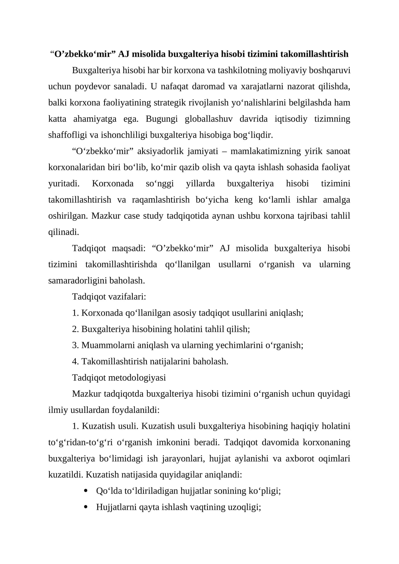 O‘zbekko‘mir AJ misolida buxgalteriya hisobi tizimini takomillashtirish