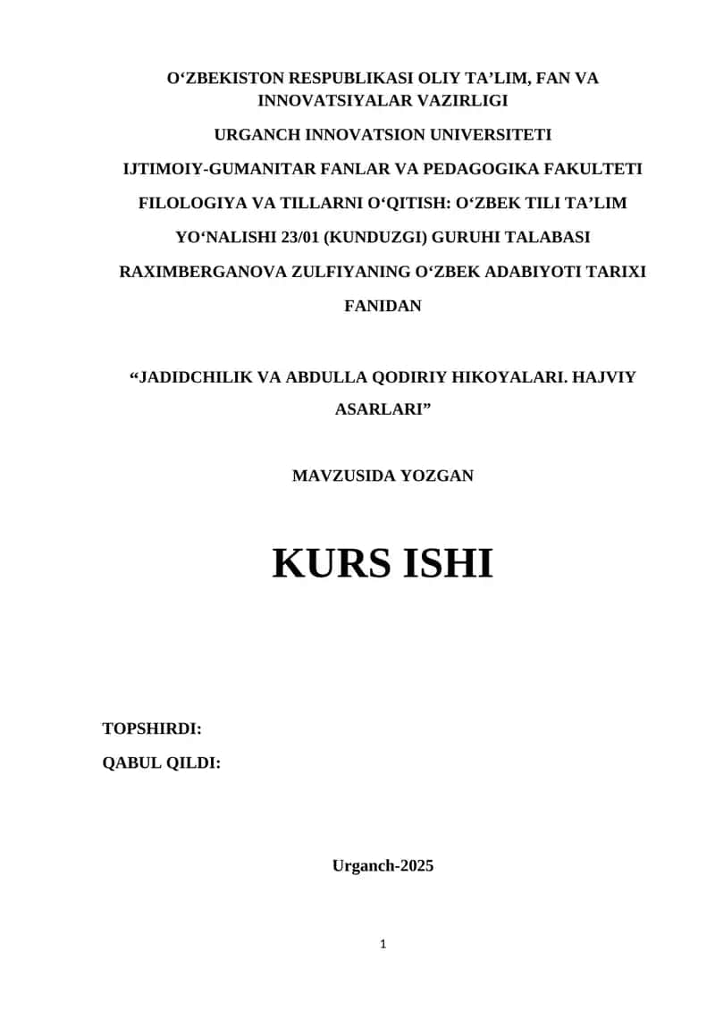JADIDCHILIK VA ABDULLA QODIRIY HIKOYALARI. HAJVIY ASARLARI