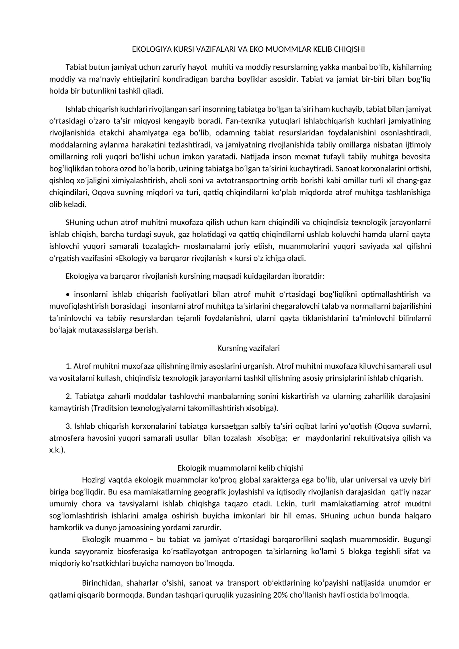 EKOLOGIYA KURSI VAZIFALARI VA EKO MUOMMLAR KELIB CHIQISHI