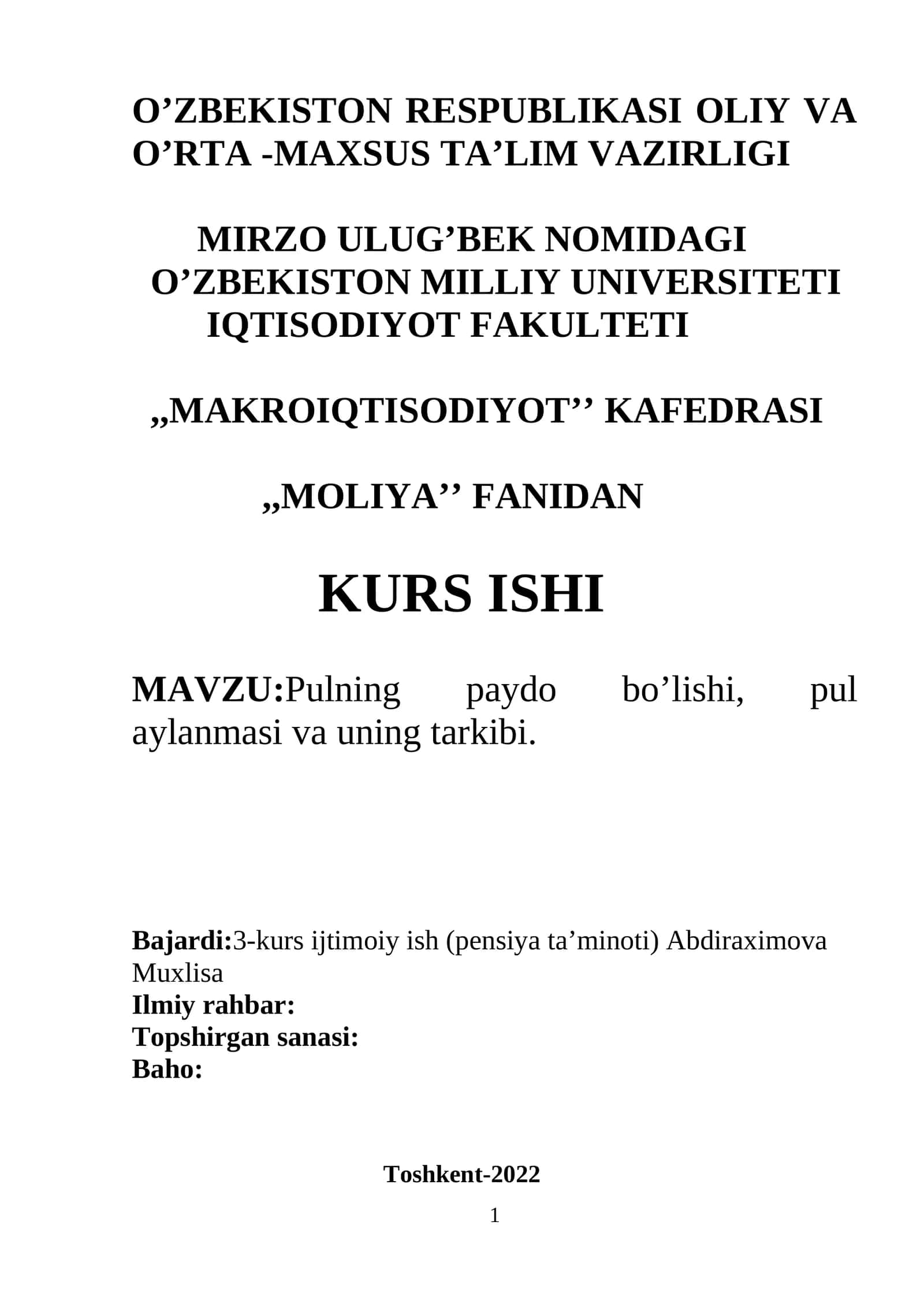 Pulning paydo bo’lishi, pul aylanmasi va uning tarkibi