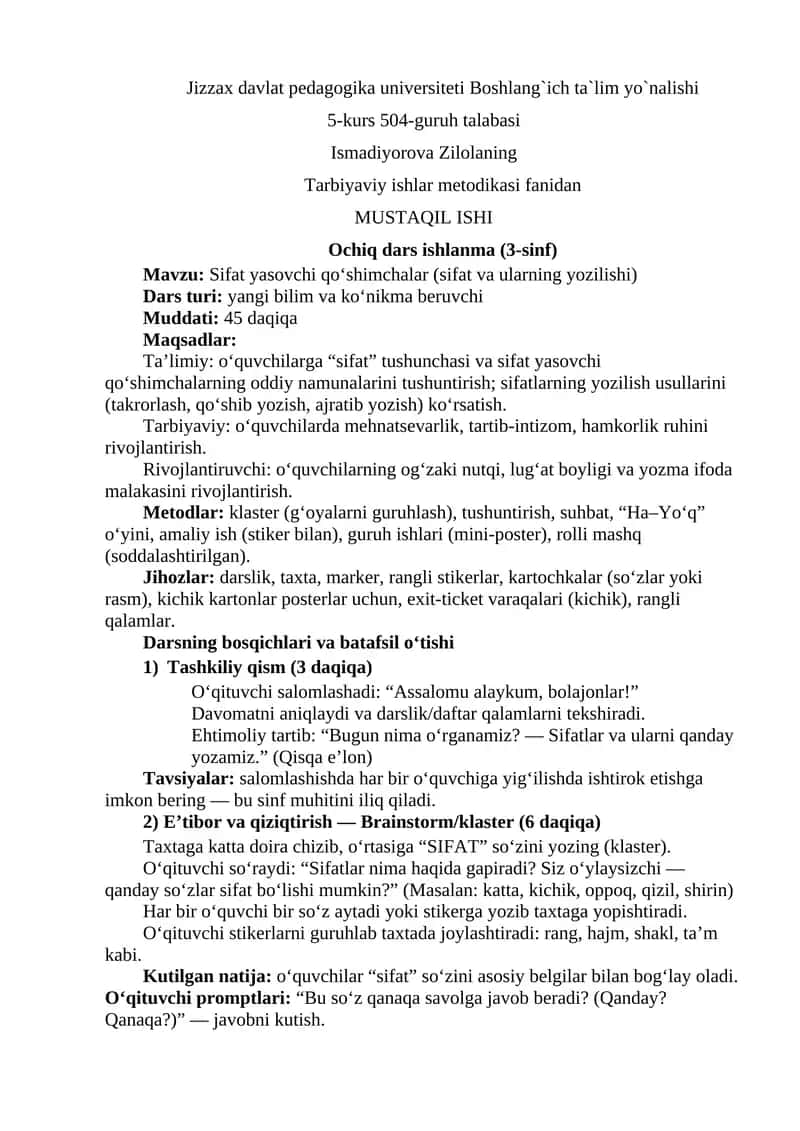 Ochiq dars ishlanma (3-sinf) Mavzu: Sifat yasovchi qo‘shimchalar (sifat va ularning yozilishi)