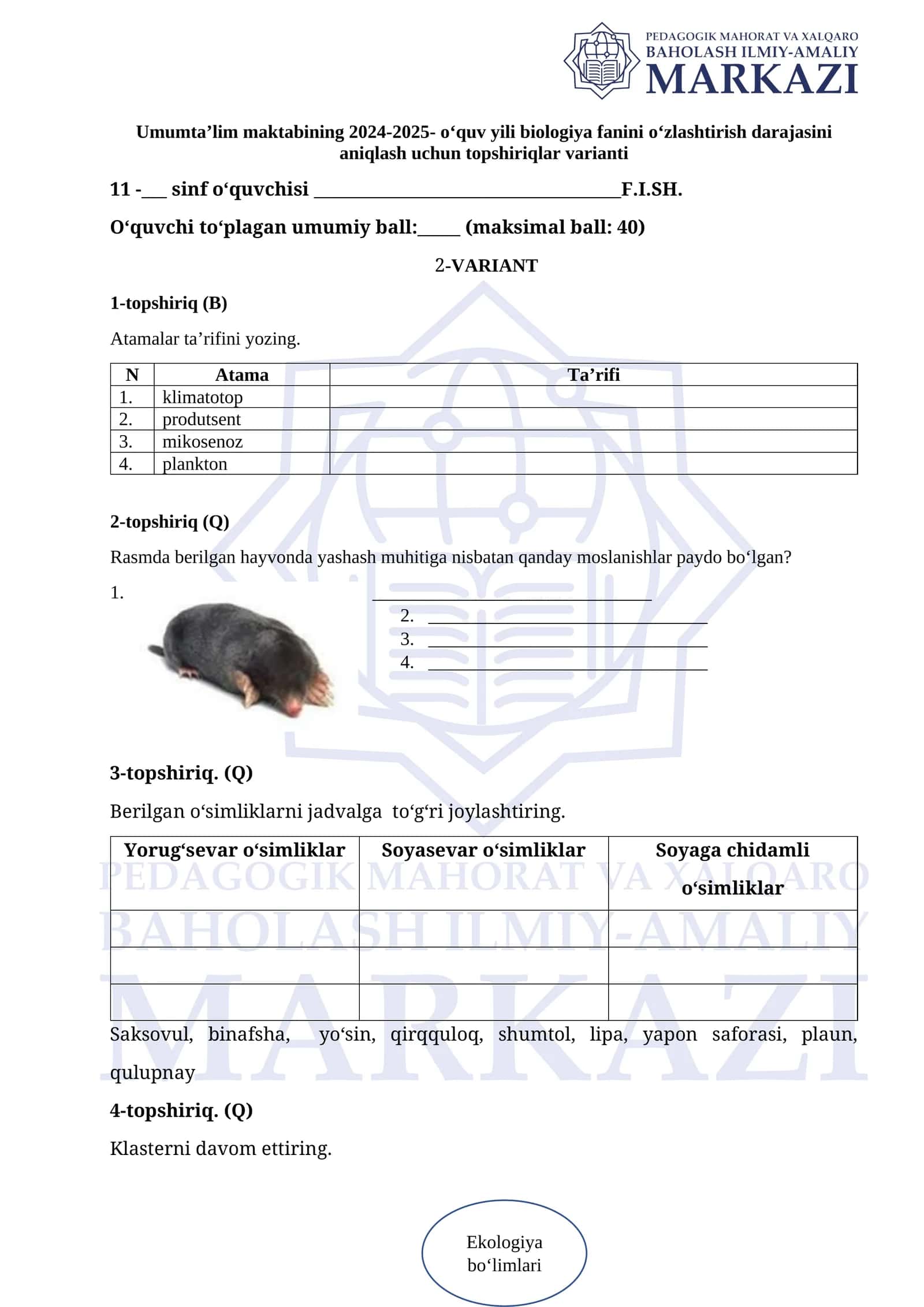 Biologiya fanini o‘zlashtirish topshiriqlari varianti 11-sinf