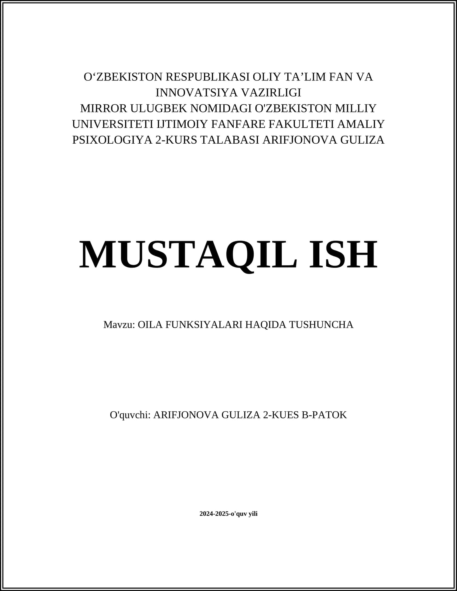 OILA FUNKSIYALARI HAQIDA TUSHUNCHA