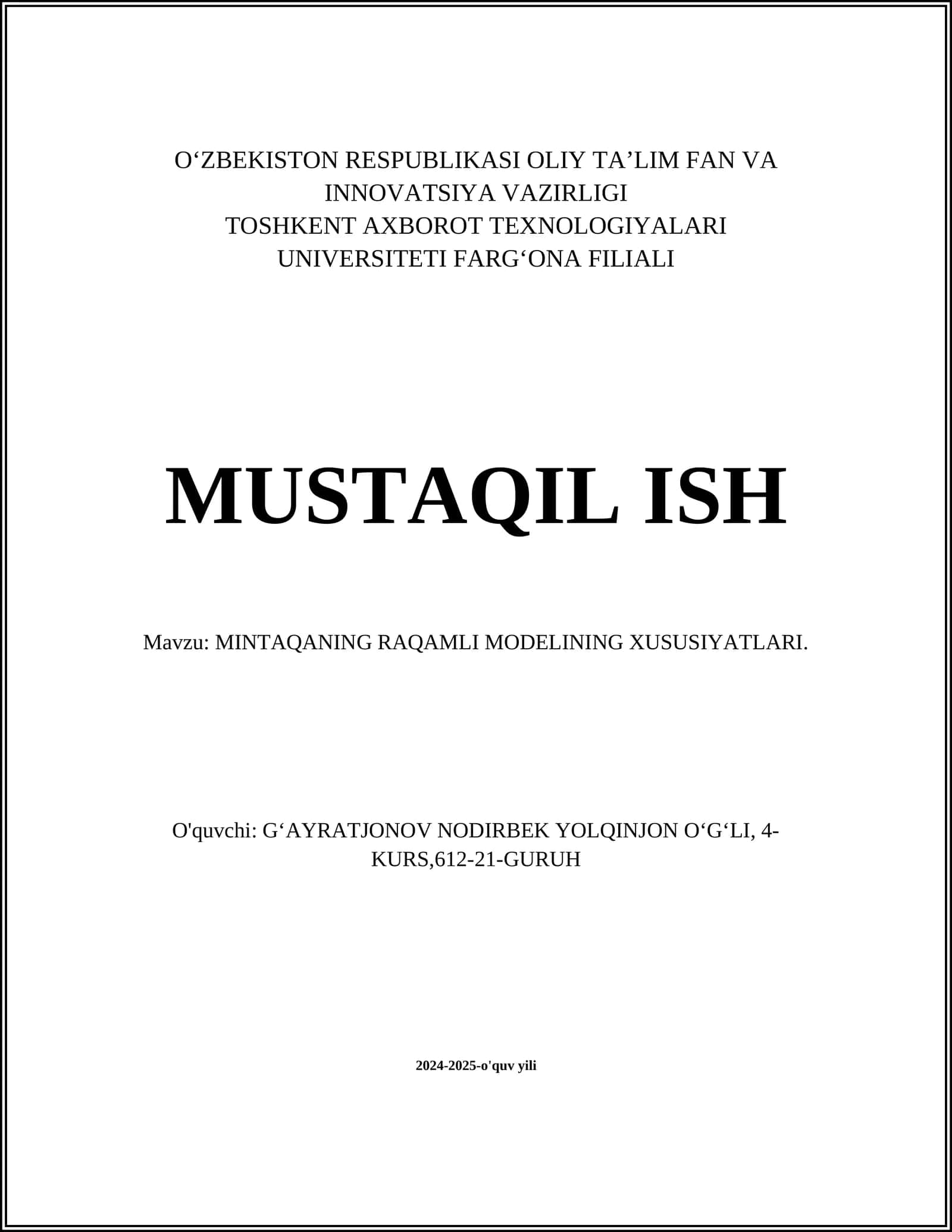MINTAQANING RAQAMLI MODELINING XUSUSIYATLARI