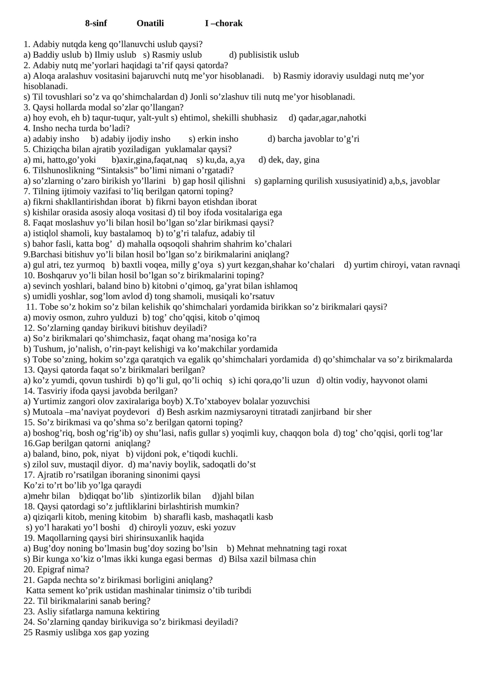8-sinf Onatili I –chorak