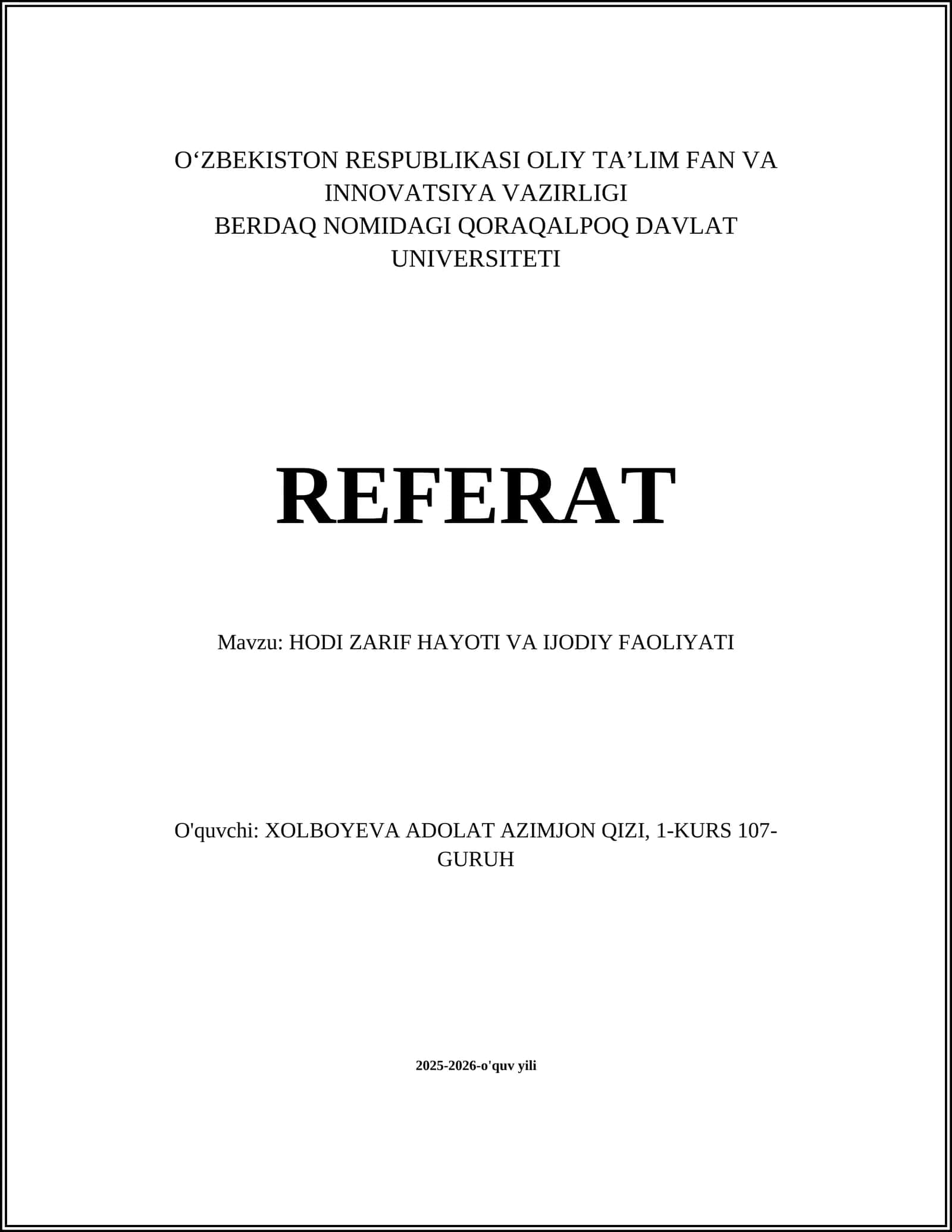 HODI ZARIF HAYOTI VA IJODIY FAOLIYATI