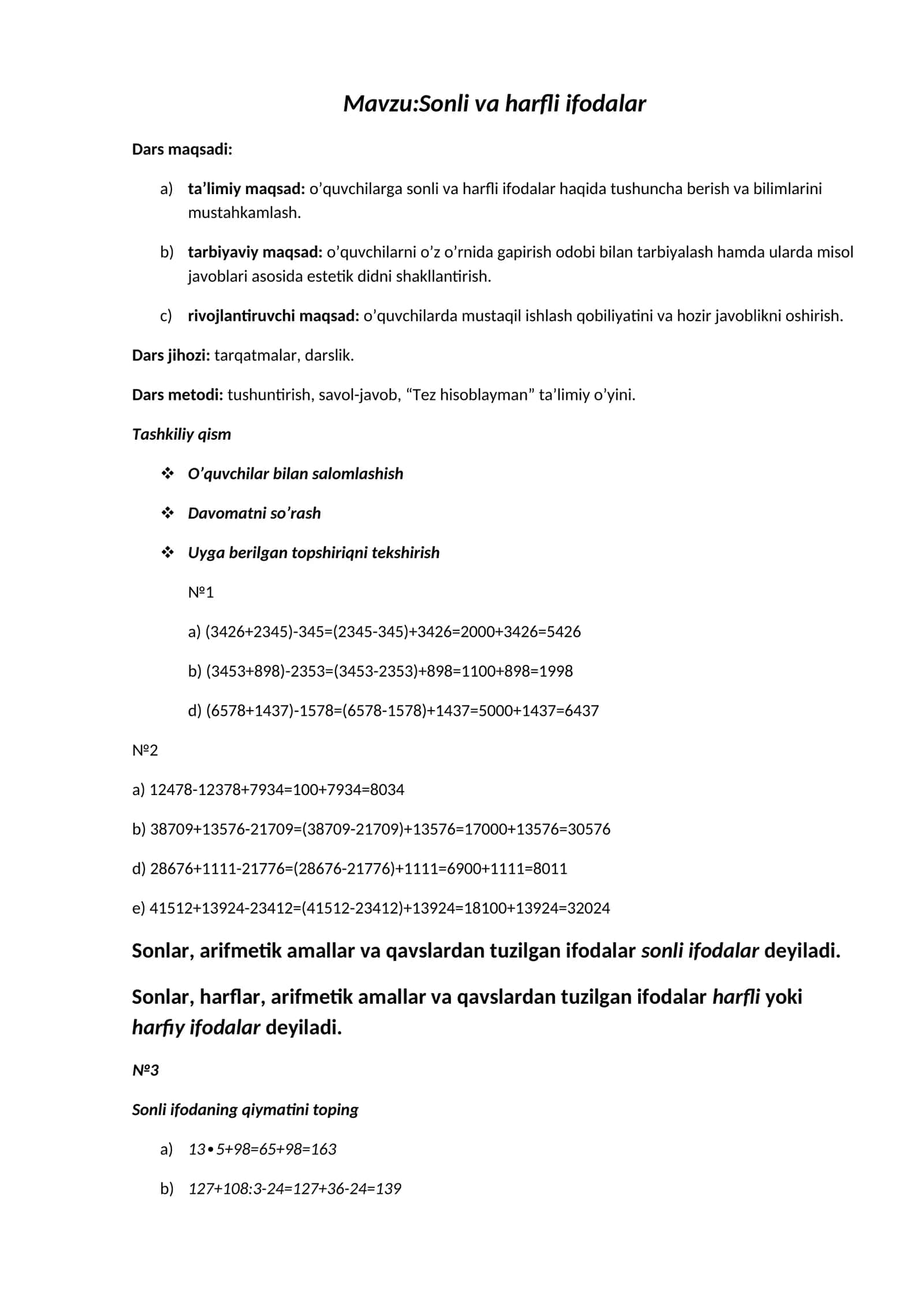 Sonli va harfli ifodalar