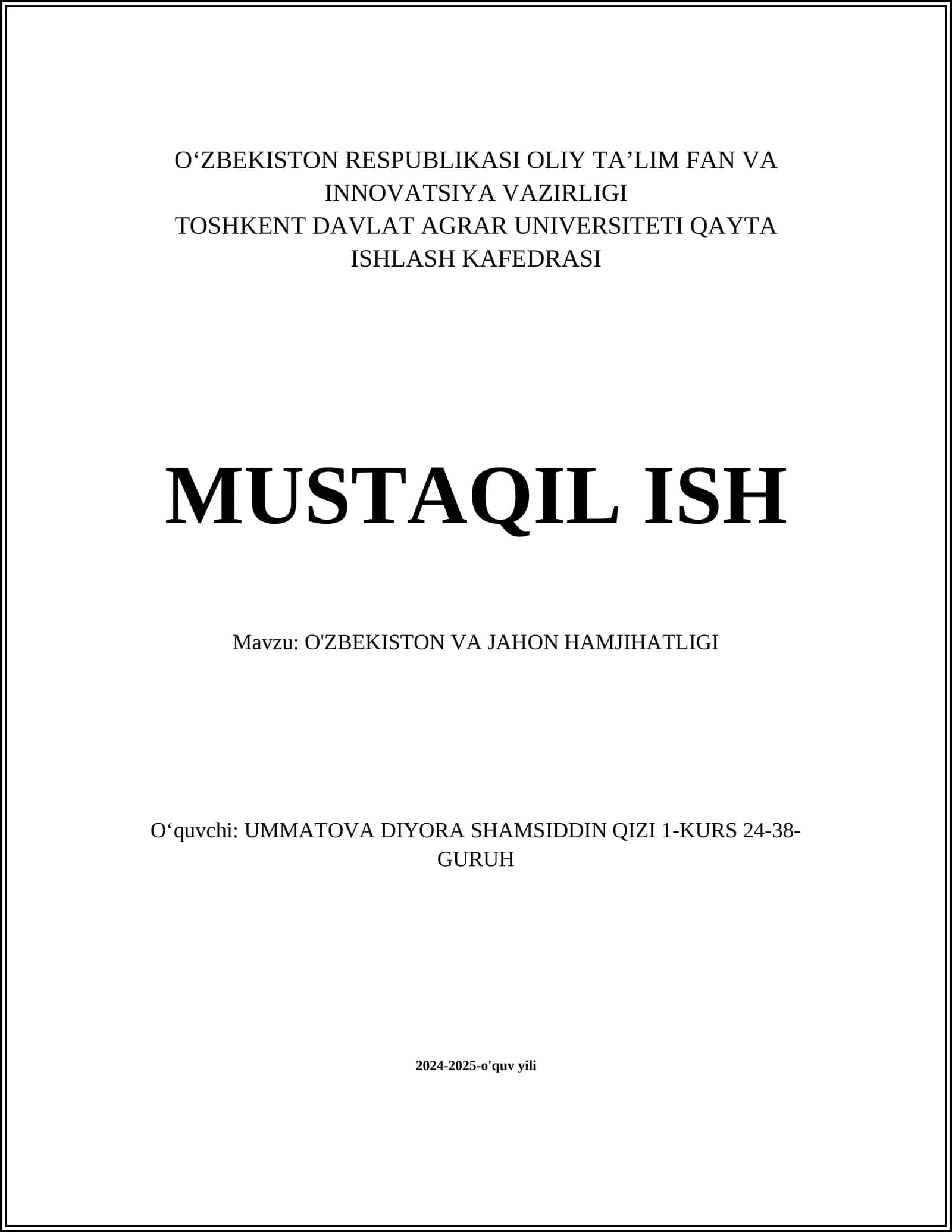 O‘ZBEKISTON VA JAHON HAMJIHATLIGI