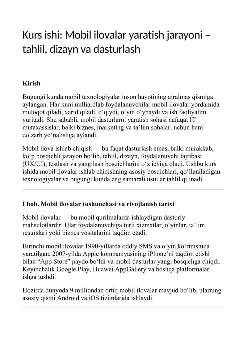 Mobil ilovalar yaratish jarayoni – tahlil, dizayn va dasturlash (Kurs ishi)