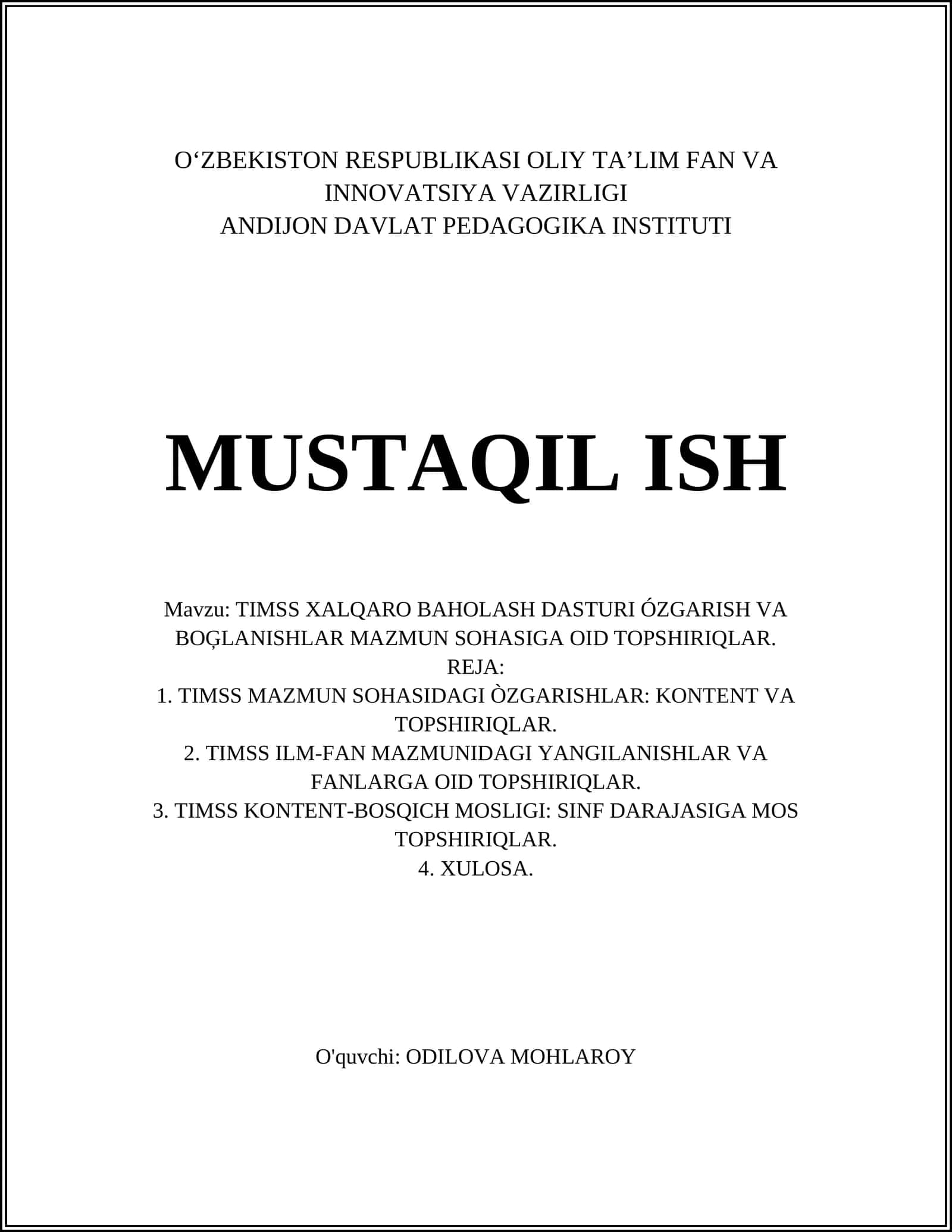 TIMSS XALQARO BAHOLASH DASTURI ÓZGARISH VA BOĢLANISHLAR MAZMUN SOHASIGA OID TOPSHIRIQLAR