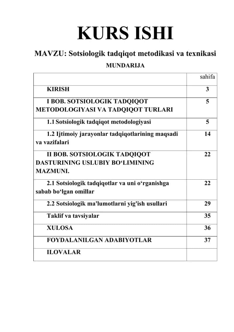 Sotsiologik tadqiqot metodikasi va texnikasi Kurs ishi 1
