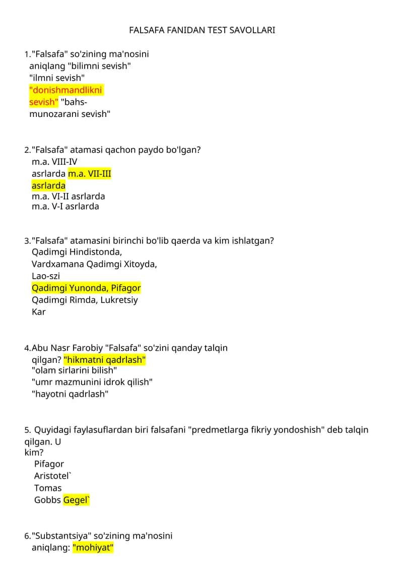 FALSAFA FANIDAN TEST SAVOLLARI