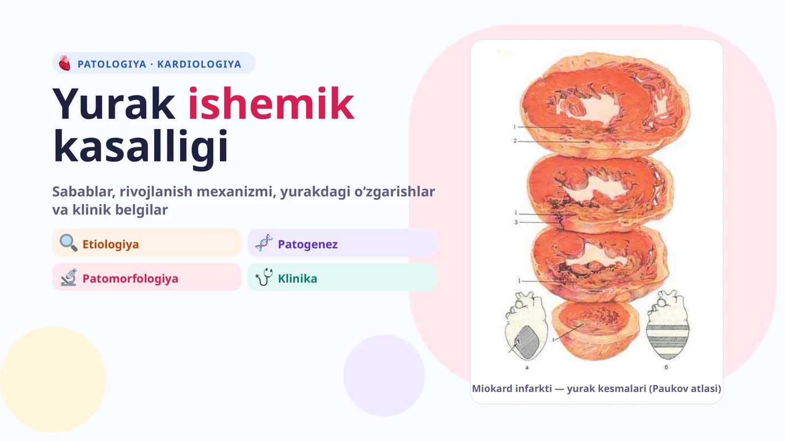 Yurak ishemik kasalligi. Stenokardiyalar va o'tkir miokard infarkti. Klinik-laborator 6 tekshiruv natijalarini tahlil qilishni, to'plangan ma'lumotlar asosida taxminiy tashxis qo'yishni, birinchi yordam ko'rsatishni hamda keyingi taktikani aniqlashni o'rgatish. O'tkir koronar sindrom va Miokard infarktida stomatolog taktikasi.