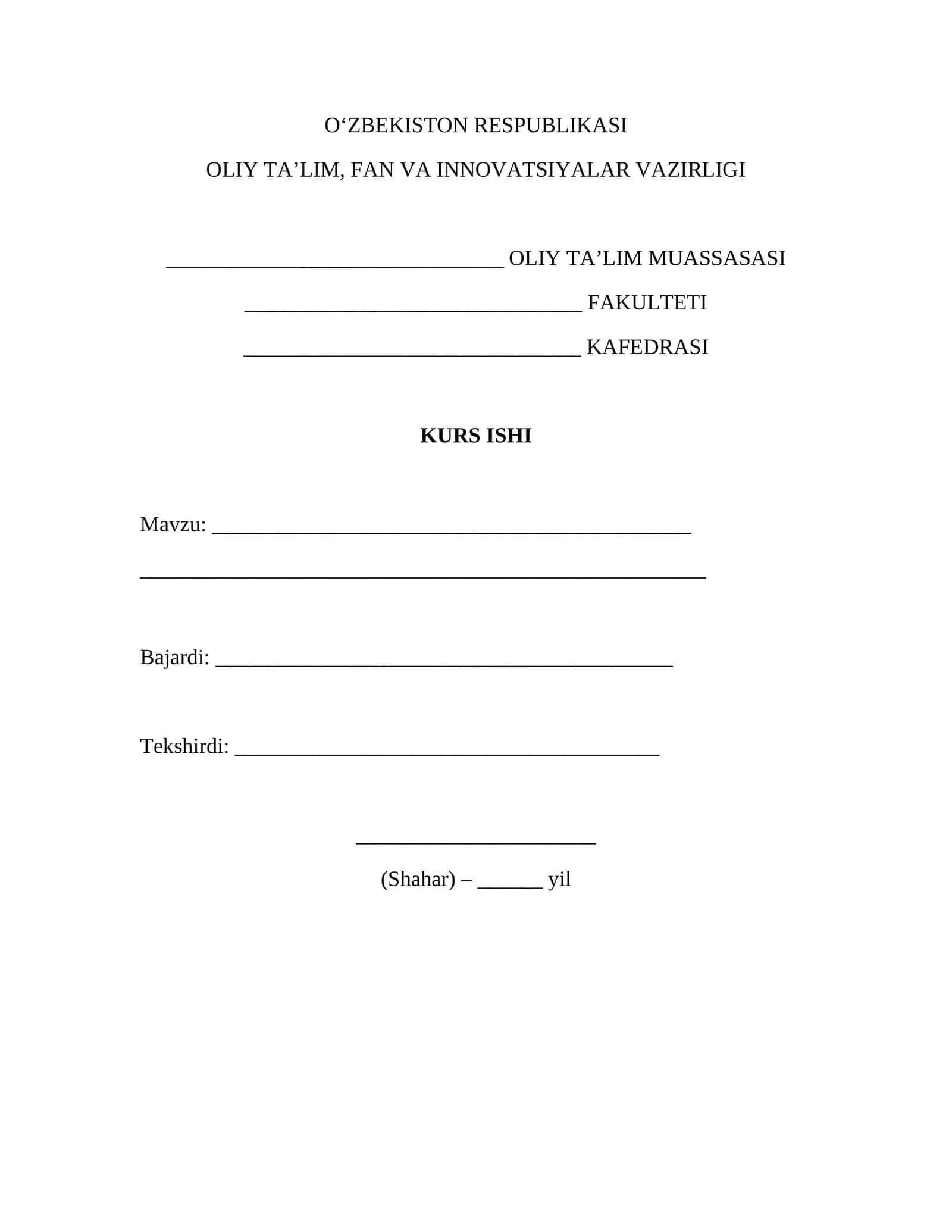 Kurs ishi titul varaqa (GOST) – Word (.docx) muqova shabloni
