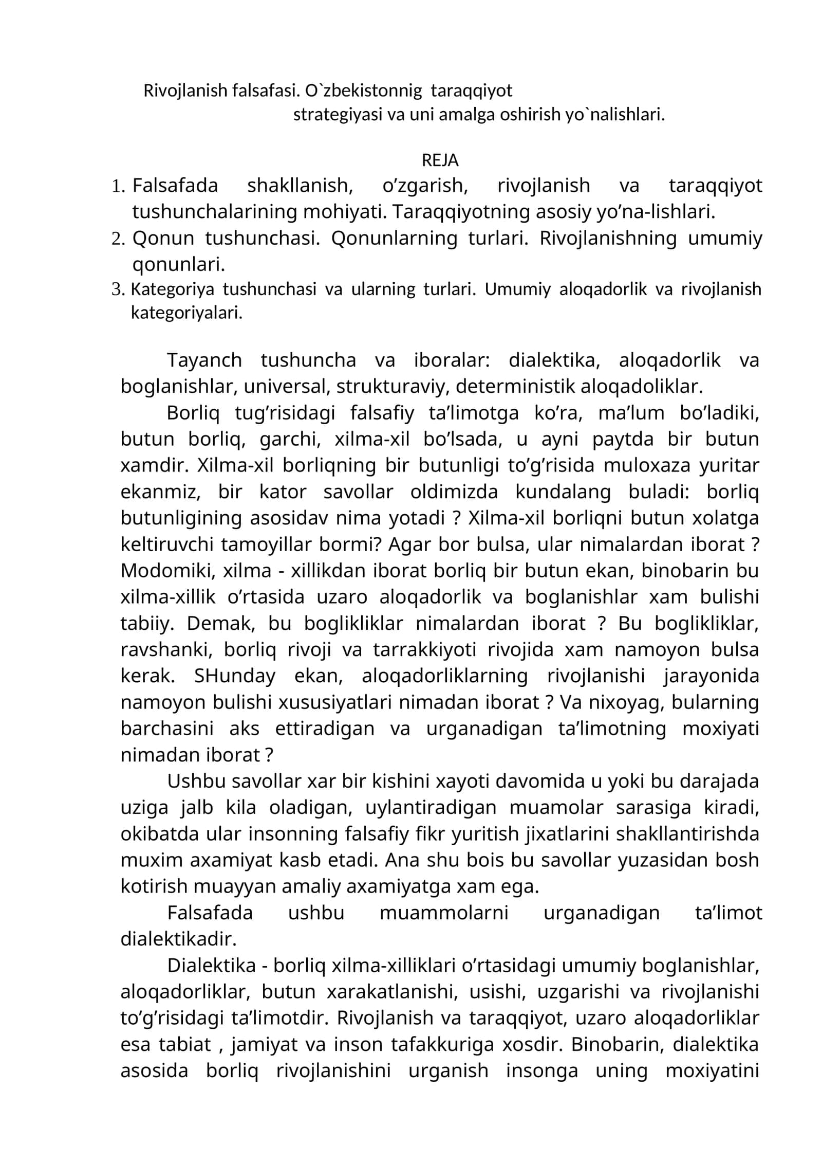 Rivojlanish falsafasi. O`zbekistonnig taraqqiyot strategiyasi