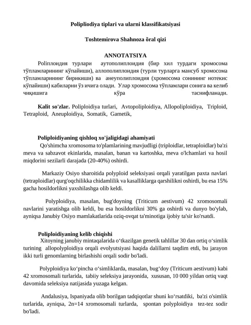 Poliploidiya tiplari va ularni klassifikatsiyasi