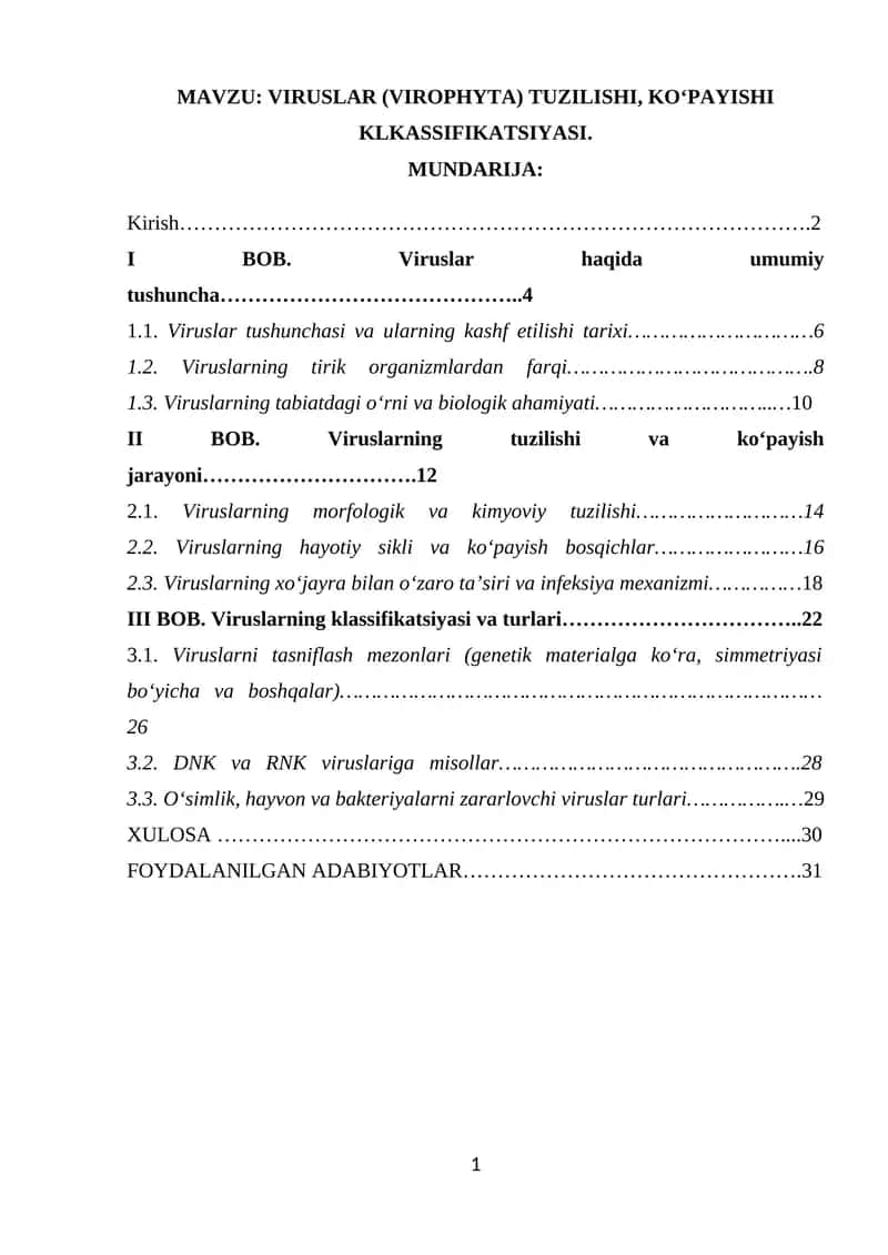 Viruslar (Virophyta) tuzilishi, ko‘payishi kLkassifikatsiyasi