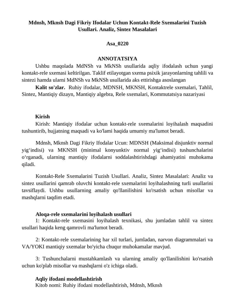 Mdnsh, Mknsh Dagi Fikriy Ifodalar Uchun Kontakt-Rele Sxemalarini Tuzish Usullari. Analiz, Sintez Masalalari