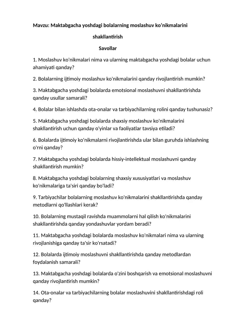 Maktabgacha yoshdagi bolalarning moslashuv ko’nikmalarini shakllantirish